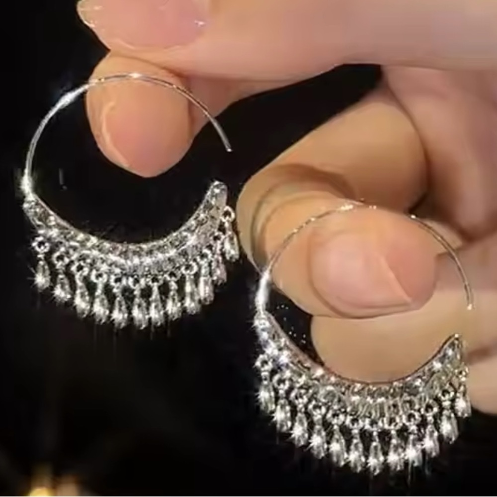 Bohemian, Gypsy Beads Tassel Open Hoop, Silvertone  Fringe Earrings